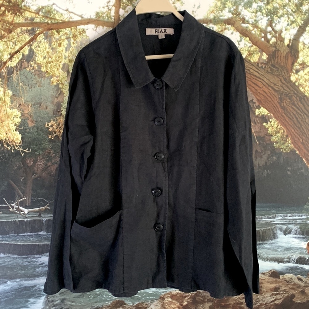 Flax 100% Linen Lagenlook Jacket/ Blouse/ Blazer Size S Black Button Down Shirt